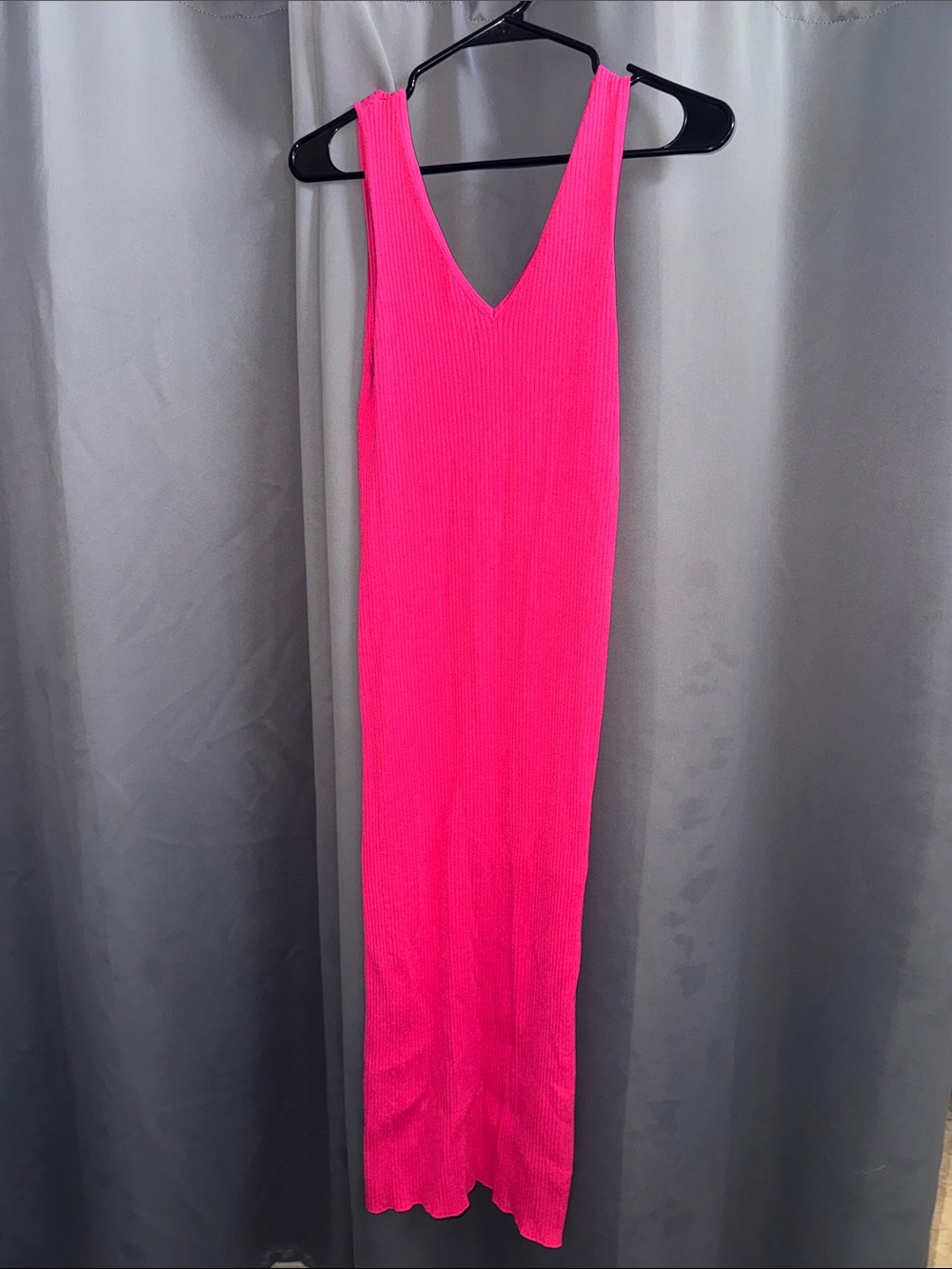 Neon Pink Ribbed V-Neck Maxi Dress
